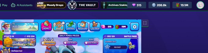 A screenshot of a mobile game's main menu screen featuring buttons for Home, Shop, Garage, Missions, and Lootbox, with banners for 'Daily Penguin Prize,' 'Battle Pass,' and 'Melty Rib Party' displayed against a purple background.