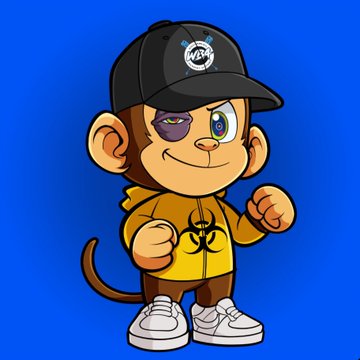A cartoon monkey mascot wears a black Phantasy/phaze cap and yellow hoodie featuring a biohazard symbol, standing against a blue background.