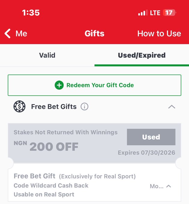 A mobile screenshot shows a "Gifts" page on a betting app displaying a used free bet gift of "NGN 200 OFF" for Real Sport, expiring 07/30/2026, supporting the "Stake back secured" message by confirming a redeemed betting offer.