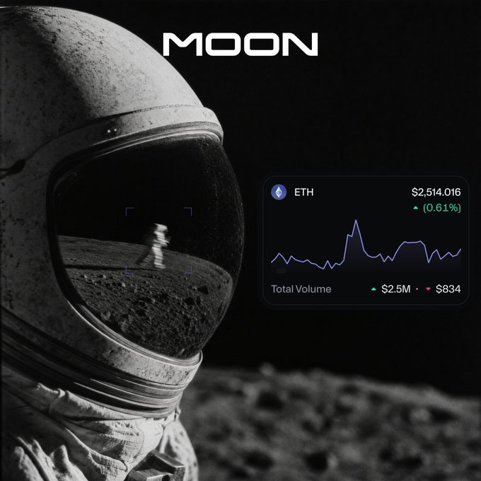 A black and white image of an astronaut's helmet with 'MOON' displayed above, alongside a crypto dashboard showing Ethereum (ETH) at $2,514.016 with a 0.61% gain and a volume of $2.5M.