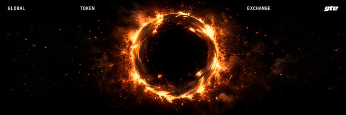 GTE cryptocurrency promotional banner featuring a fiery burning ring portal against a black background, with navigation options for GLOBAL, TOKEN, and EXCHANGE.