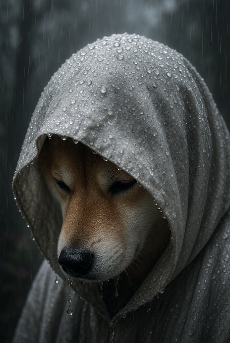 A Shiba Inu dog wears a gray hooded raincoat covered in water droplets, standing in the rain with its eyes closed.