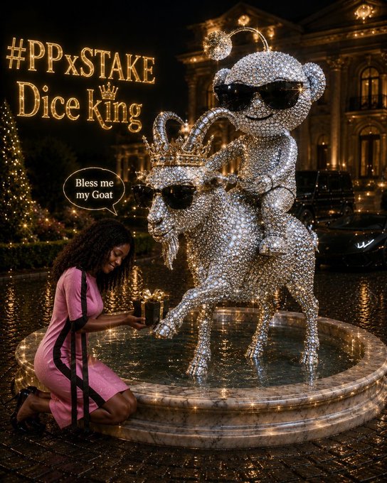 A surreal scene showing a woman in a pink dress kneeling before a glittering diamond-encrusted statue of a goat wearing sunglasses and a crown, captioned '#PPxSTAKE Dice King' with a speech bubble reading 'Bless me my Goat'.