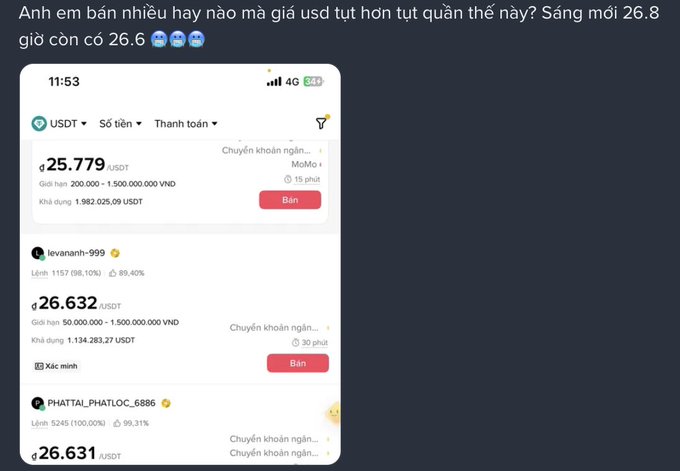 A Vietnamese social media post asking why USDT is cheaper than other shops, showing a mobile app interface with USDT sell listings at 25,779 and 26,632 USDT from sellers like 'levananh-999' and 'PHATTAI_PHATLOC_6886'.
