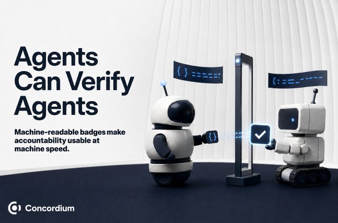 A Concordium advertisement showing two robots interacting at a verification checkpoint with the text 'Agents Can Verify Agents - Machine-readable badges make accountability usable at machine speed.'