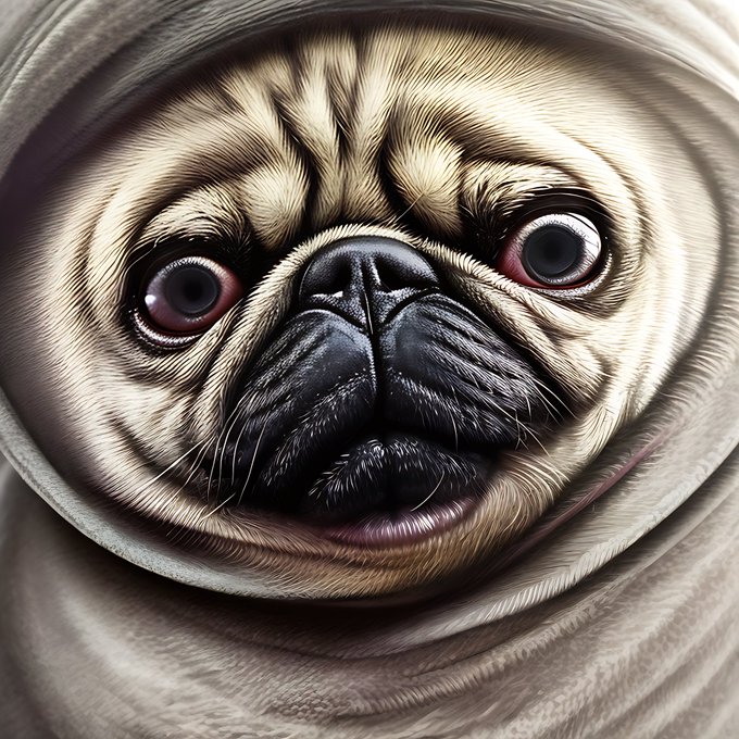 A close-up AI-generated image of a pug dog wrapped in a cream-colored blanket or hood, with prominent expressive eyes and a black nose, showing detailed fur texture.