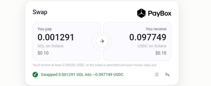 A cryptocurrency swap confirmation screen on PayBox showing an exchange of 0.001291 SOL to 0.097749 USDC on the Solana network.