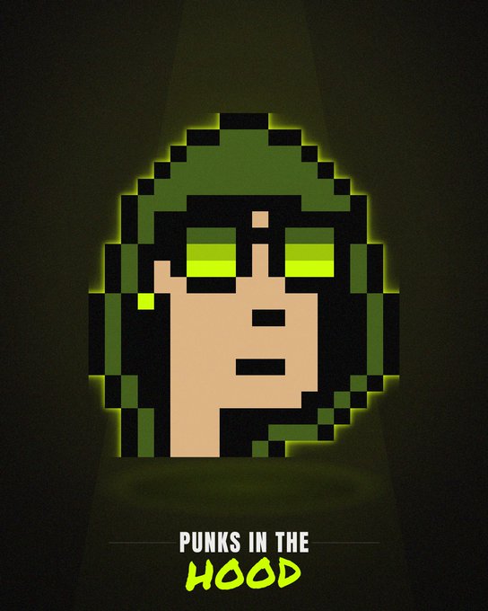 Pixel art poster titled "PUNKS IN THE HOOD" featuring a stylized character with a green hood and sunglasses on a dark green background.