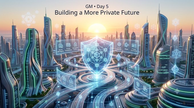 A futuristic cityscape at sunrise with a glowing central shield icon and blockchain interface elements, captioned 'GM • Day 5 Building a More Private Future'.