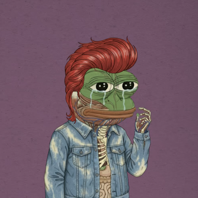 A digital illustration of a sad Pepe the Frog character with red hair, crying tears, wearing a blue denim jacket over a skeleton shirt, set against a purple background.