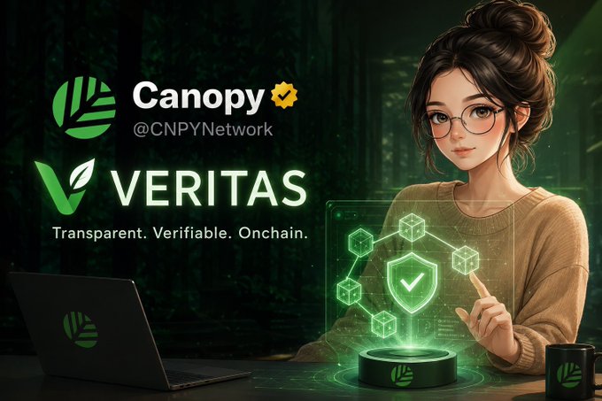 A promotional graphic for Canopy (@CNPYNetwork) and VERITAS, featuring an illustrated woman interacting with a glowing green holographic shield and blockchain nodes, with the tagline 'Transparent. Verifiable. Onchain.'
