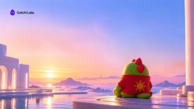 A digital illustration shows a small green character with a red crest wearing a red hoodie, sitting on a terrace overlooking a serene ocean sunset, with the 'Gotchi Labs' logo in the corner.
