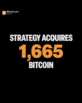 The image displays "STRATEGY ACQUIRES 1,665 BITCOIN" in bold white and orange text on a black background, with the Bitcoin.com News logo in the top corner. It visually highlights Strategy's latest Bitcoin purchase, aligning with Michael Saylor's announcement of the 1,665 BTC acquisition and the company's growing holdings of 847,666 Bitcoin.