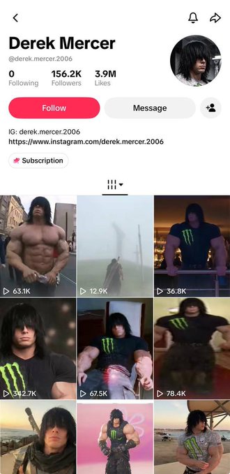 TikTok profile of "Derek Mercer" (@derek.mercer.2006) showing 156.2K followers, 3.9M likes, and a grid of AI-generated videos featuring a muscular long-haired man, with a "Follow" button and pink subscription badge visible. The image illustrates the post's claim that this fictional AI character has built a massive following despite not being a real person.