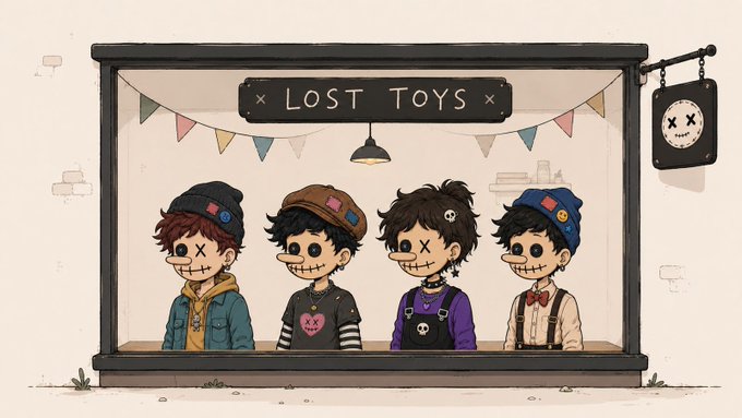 The image features four cartoon dolls standing next to each other in front of a store window, with a sign that says "Lost Toys". The dolls are dressed in various outfits, including hats and ties, which adds to the overall artistic appeal of the scene. The text on the image reads "Over 7,500 followers at our page on X? Over 50,000 applicants on our website?". This suggests that the store has attracted a significant number of visitors or customers who have shown interest in their products.