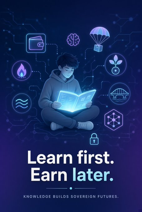 An illustrated graphic featuring a person sitting cross-legged reading a glowing book, surrounded by various icons, with the text 'Learn first. Earn later.' and 'KNOWLEDGE BUILDS SOVEREIGN FUTURES.'