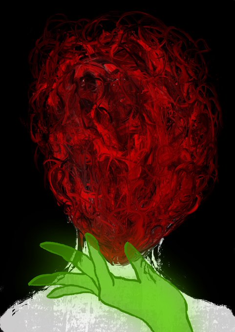 Abstract digital artwork depicting a head made of swirling red fibrous material with a bright green hand or leaf shape near the neck area on a black background.