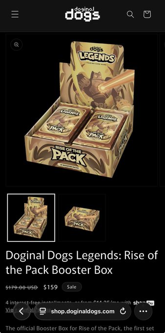A mobile screenshot of an online store for 'Doginal Dogs' selling the 'Doginal Dogs Legends: Rise of the Pack Booster Box' for $159, down from $179.00.