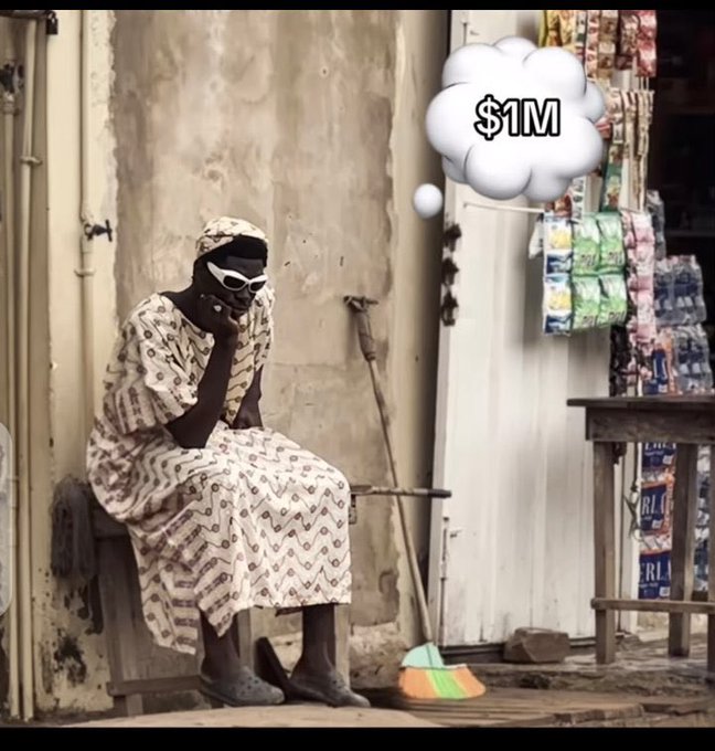 A seated woman in traditional dress with sunglasses rests her chin on her hand, with a thought bubble showing '$1M', set against a backdrop of hanging product packages.