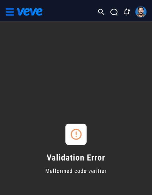 A mobile screenshot of the VeVe app showing a 'Validation Error: Malformed code verifier' message on a dark background.