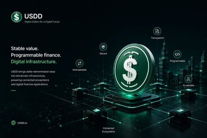 A promotional graphic for USDD ('Digital Dollar for a Digital Future') features a glowing coin and highlights features like 'Stable value. Programmable finance. Digital infrastructure.' with tags for Transparent, Programmable, Accessible, Connected Ecosystems, Secure, and Interoperable.