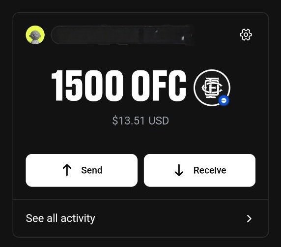 A digital wallet interface displaying a balance of "1500 OFC" ($13.51 USD), with Send and Receive buttons visible.