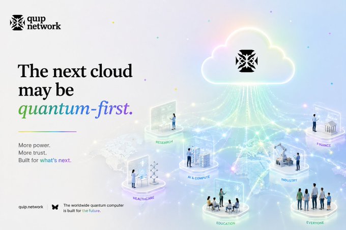 An advertisement for quip.network promoting "The next cloud may be quantum-first," featuring colorful graphics of people connected to various sectors like Research, Finance, AI & Compute, Industry, Healthcare, Education, and Everyone.
