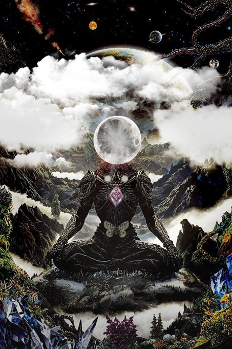 A dark humanoid figure with glowing eyes and a radiant crystal-like sphere for a head sits in a meditative lotus pose atop a rocky outcrop, surrounded by misty clouds, jagged mountains, and a cosmic backdrop of planets and stars.