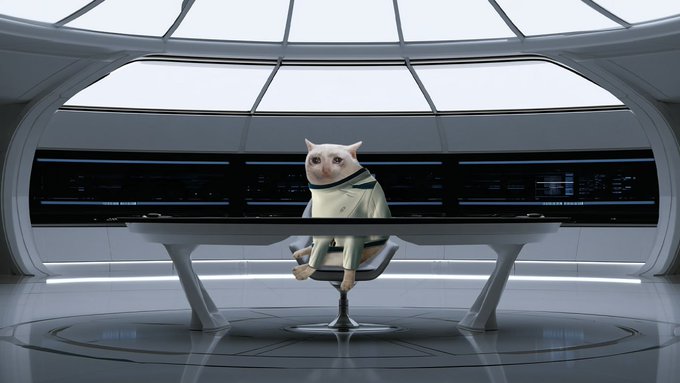 A white cat with a slightly unsettling smile, wearing a yellow sweater, sits in a futuristic captain's chair on what appears to be the bridge of a spaceship. The sci-fi aesthetic and cat's authoritative pose cleverly play on the username "@vladtenev," humorously casting the cat as an intergalactic commander or CEO.