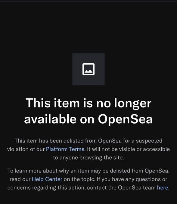 An OpenSea error page with a dark background displaying the message 'This item is no longer available on OpenSea', explaining that the item was delisted for a suspected violation of Platform Terms.