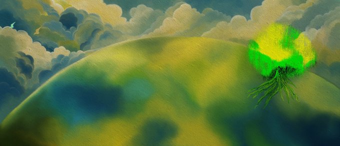 An illustration of a green planet or celestial body with a glowing green tree-like structure on its surface, set against a backdrop of swirling clouds.