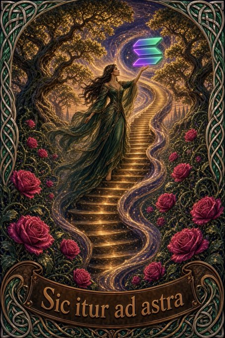 A mystical woman in a flowing green gown ascends a glowing golden staircase through a rose-adorned forest toward a luminous Solana logo, embodying the spirit of the Latin phrase "Sic itur ad astra" ("Thus one goes to the stars") inscribed below—a fitting visual metaphor for Solana's ascent in the crypto space.