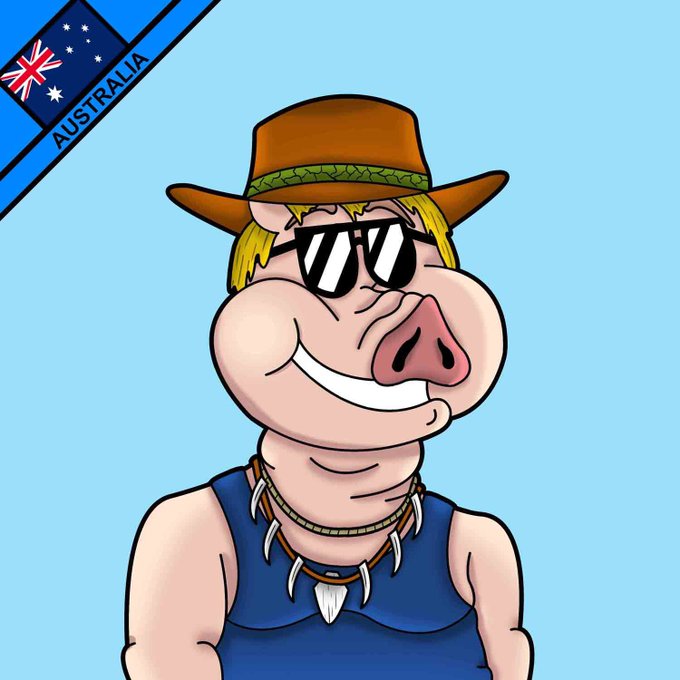 A cartoon pig wearing a brown outback-style hat, sunglasses, and a tribal tooth necklace is featured, with an "AUSTRALIA" banner and flag in the top-left corner. The image fits the post's reference to "Piggies World" and its collection of stylized pig characters from different countries, here representing Australia as part of the #1413 to #1955 series.
