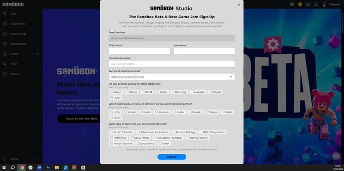 A screenshot of The Sandbox Studio Beta Game Jam Sign-Up form displaying fields for email, name, Discord username, and experience level preferences, alongside game development platform options like Unity, Unreal, and Godot. The interface illustrates the sign-up process mentioned in the post for joining the Studio Beta to build games without code using the new AI Assistant.