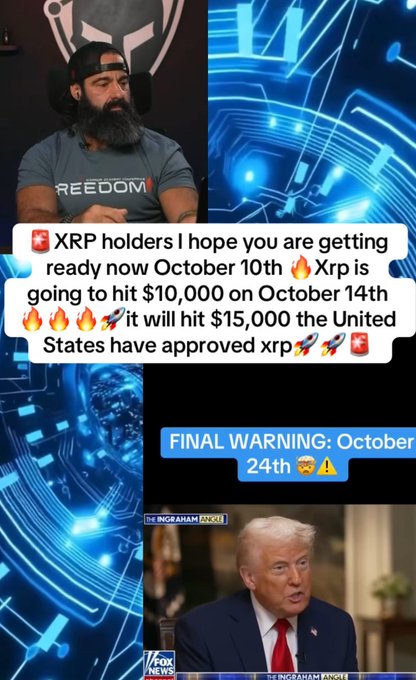 A video thumbnail featuring a bearded man in a FREEDOM shirt alongside sensational text claiming 'XRP holders...Xrp is going to hit $10,000 on October 14th' and 'FINAL WARNING: October 24th', with a Fox News clip of Donald Trump.