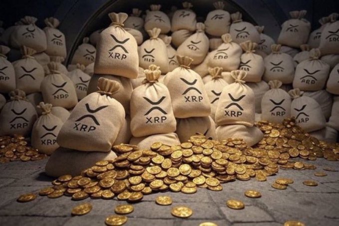 A pile of burlap sacks labeled with the XRP cryptocurrency logo and ticker, surrounded by spilled gold coins.