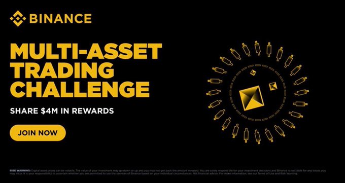 A Binance promotional banner advertising a Multi-Asset Trading Challenge with $4M in rewards and a 'Join Now' button.