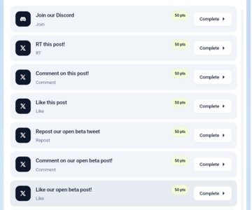 A list of 50-point tasks on the PEAR rewards platform, including joining Discord, retweeting, commenting, liking, reposting, and engaging with open beta tweets/posts—corresponding to the newly added tasks for farming the PEAR waitlist mentioned in the post.
