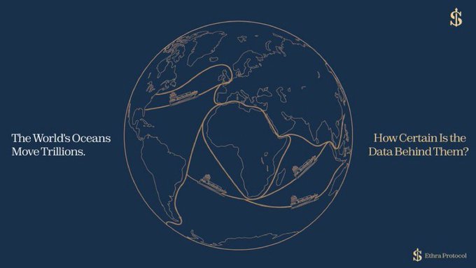 A dark blue graphic from Ethra Protocol featuring a wireframe globe with shipping routes connecting continents, accompanied by the text 'The World's Oceans Move Trillions. How Certain Is the Data Behind Them?'