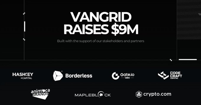 A dark announcement graphic stating 'VANGRID RAISES $9M' with the subtitle 'Built with the support of our stakeholders and partners' and logos including HashKey Capital, Borderless, Gate.io, Animoca Brands, MapleBlock, and crypto.com.