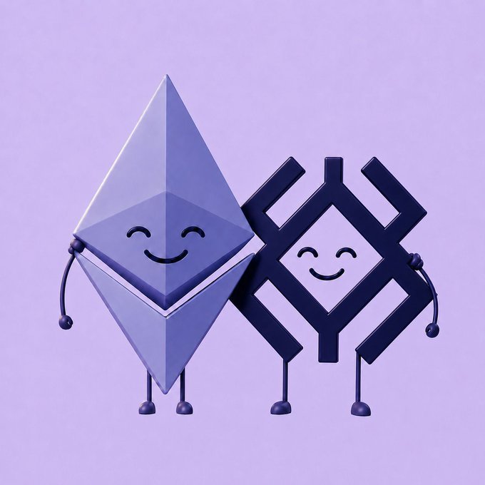 Two cartoon characters—a smiling purple octahedron representing Ethereum's logo and a smiling dark purple geometric symbol—stand arm in arm against a lavender background, celebrating Ethereum's birthday in a playful, anthropomorphic style.