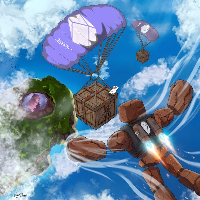An illustrated digital artwork shows wooden crates descending with purple parachutes labeled 'Multix' through a blue cloudy sky, alongside a green creature and a rocky golem.