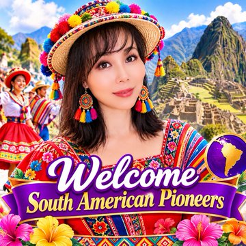 A smiling woman wearing a colorful pom-pom hat and traditional embroidered clothing stands in front of Machu Picchu, with the text "Welcome South American Pioneers" displayed on a purple banner beneath her. The image visually introduces the post's message to GCV Ambassadors and Pioneers of South America, evoking regional pride and cultural heritage as a backdrop for the call to accelerate progress.