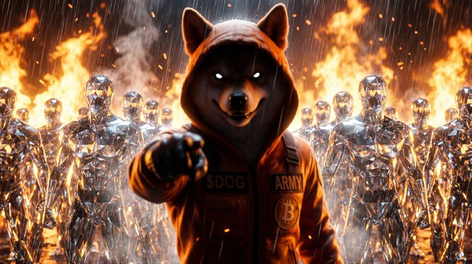 A digital artwork depicts a Shiba Inu dog wearing a hoodie labeled 'SDOG ARMY' and a Bitcoin logo, standing in front of metallic robot figures amidst flames.
