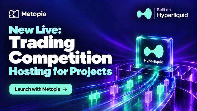 A promotional banner for Metopia announcing a 'New Live: Trading Competition Hosting for Projects', noting it is 'Built on Hyperliquid'.