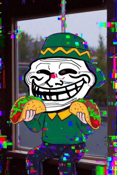 A glitched, pixelated trollface character wearing a green hat and outfit, holding two tacos in front of a window.