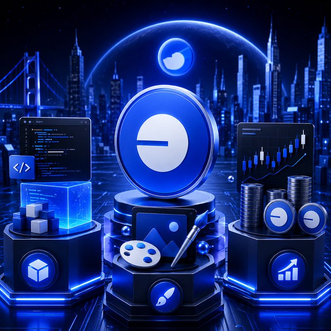 A stylized blue-toned 3D illustration depicting cryptocurrency, blockchain, and digital finance themes with coins, charts, code interfaces, and a city skyline.
