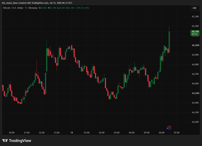 A TradingView chart showing the Bitcoin / U.S. Dollar (BTCUSD) 5-minute price action, currently at 65,144 USD with a 0.34% gain, timestamped July 15, 2024.