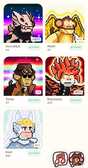 A grid of five pixel art character NFT cards named Sourikipá, Washi, Tontei, Bokuhotsu, and Komi, each with a 'THEME' button and varying prices in Z tokens.