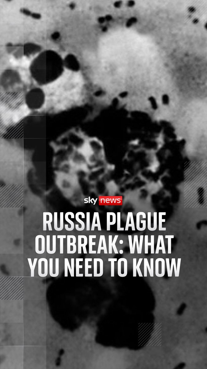 A Sky News graphic titled "RUSSIA PLAGUE OUTBREAK: WHAT YOU NEED TO KNOW" is overlaid on a black and white microscopic image of bacteria.
